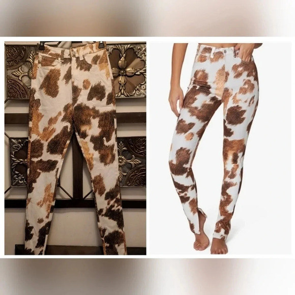 WeWoreWhat Denim - WeWoreWhat stiletto slit cow print jeans.
